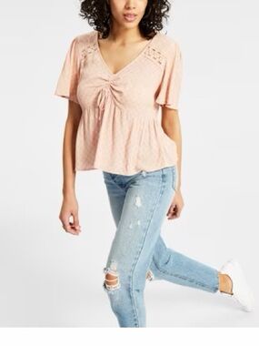 Hippie Rose Blush Peach V-Neck Ruched Peplum Tunic